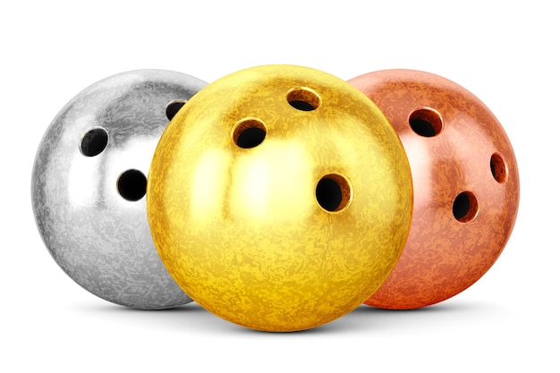 Boules de bowling brillantes or argent et bronze isolées sur blanc