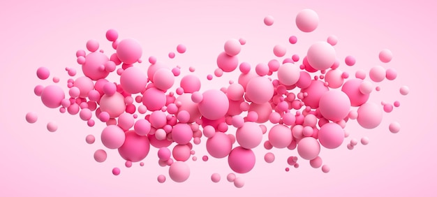 Boules chaotiques douces et mates roses de différentes tailles Composition avec des sphères volantes aléatoires roses