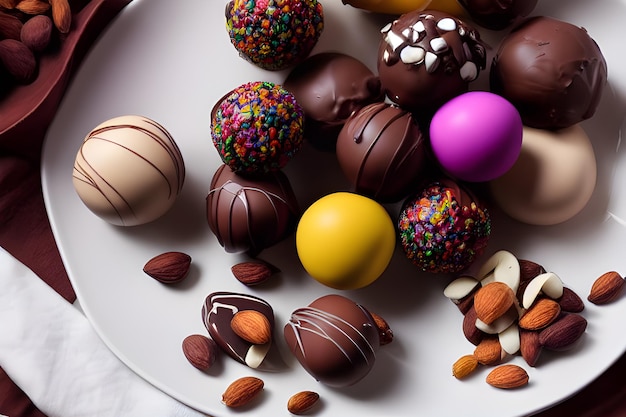 Boules de chocolat décorées dans une assiette blanche avec des noix et des noix de coco écrasées et du chocolat à la crème incroyable