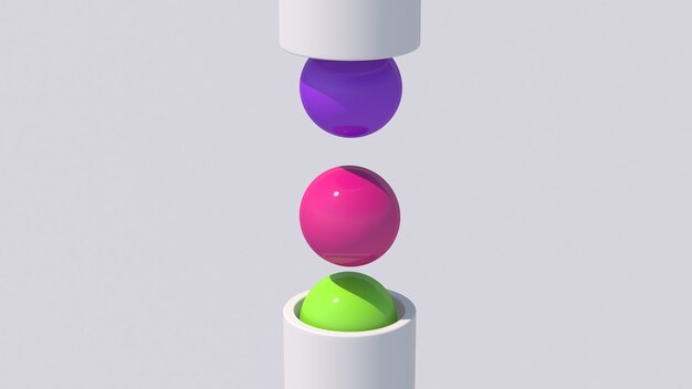 Boules colorées tombant du tube blanc. Illustration abstraite, rendu 3d.