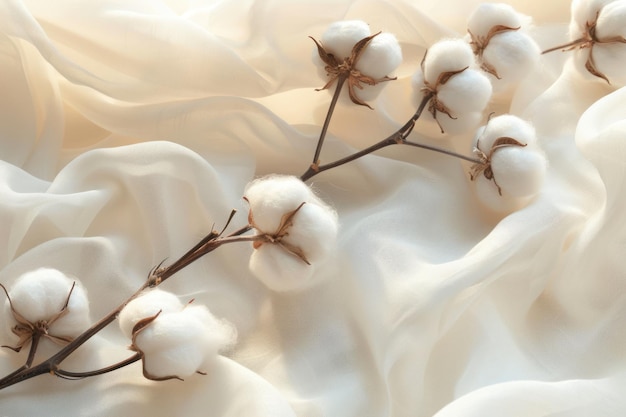 Des boules de coton élégantes sur un fond de tissu blanc