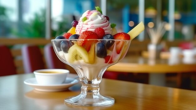 Boules de crème glacée aux baies dans le concept de dessert de café par temps frais et chaud AI générée