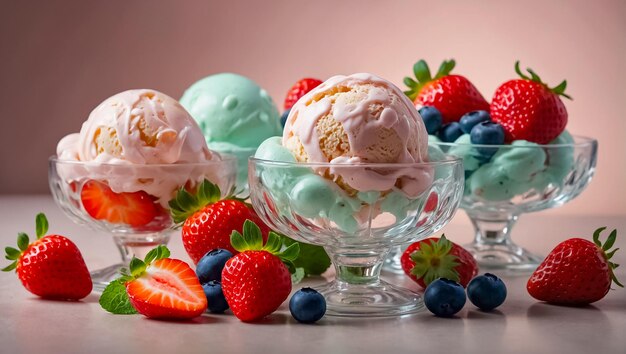 boules de crème glacée avec des fraises des bleuets dans des bols de verre