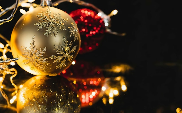 Des boules de décoration de Noël sur un fond noir bokeh abstrait