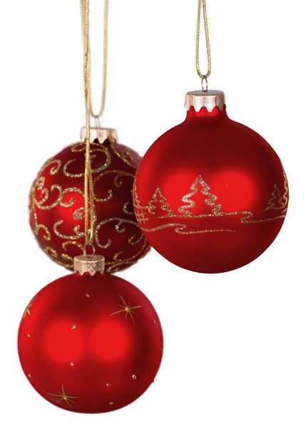 Boules décoratives de Noël brillant rouge isolé sur blanc