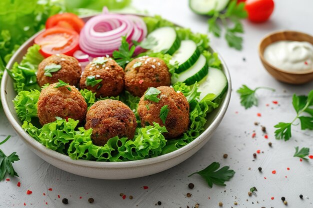 Photo des boules de falafel frites végétariennes sur une assiette blanche avec des légumes et de la sauce sur un fond en béton gris