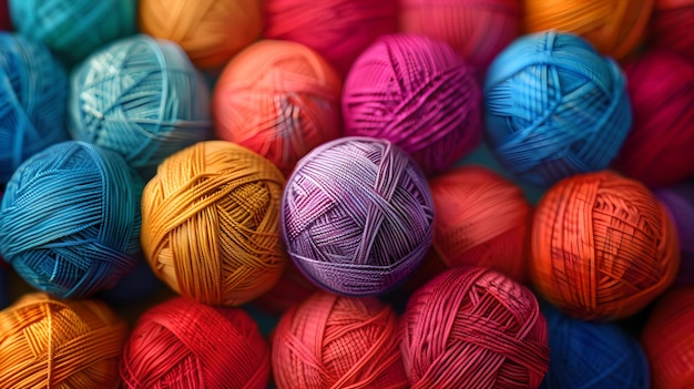 Des boules de fil vibrantes de différentes couleurs étendues étroitement à l'artisanat, au tricot et aux fournitures de projet créatives, idéales pour l'artiserie et les thèmes de bricolage.