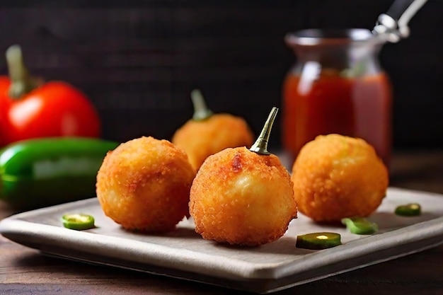 boules de fromage jalapeno ou poppers servies avec du ketchup de tomate