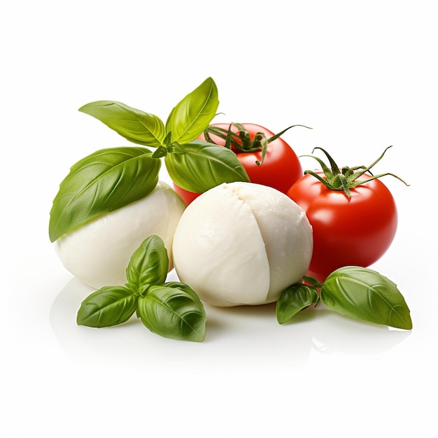 Photo des boules de fromage mozzarella, des tomates cerises et du basilic biologique vert frais isolés sur du blanc