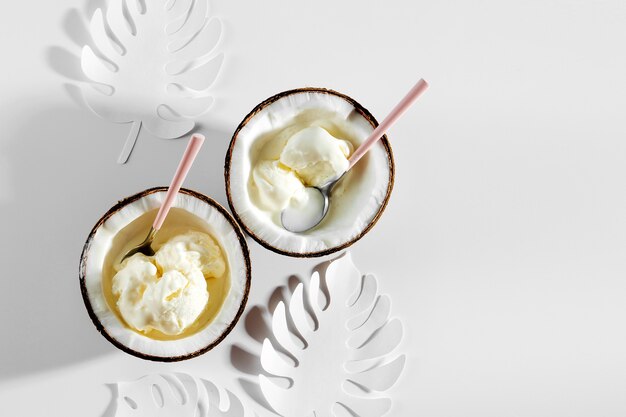 Boules de glace coco dans la moitié de noix de coco. Concept sain, crème glacée sans lactose.