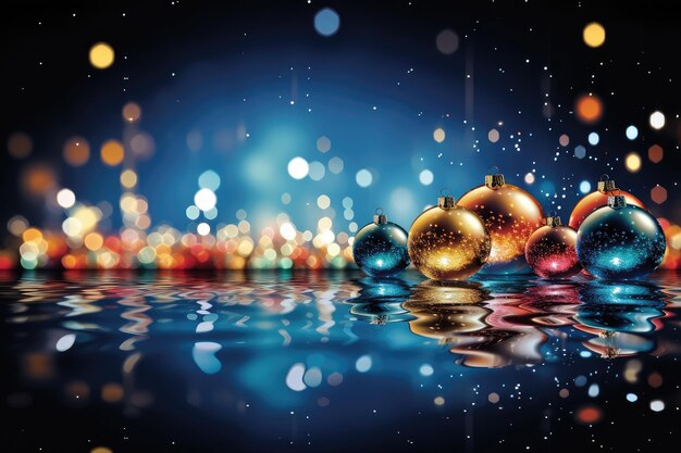 Des boules de jouets multicolores sur un fond bokeh festif sur une surface de miroir avec des éclaboussures d'eau Célébration du Nouvel An Carte de vœux de Noël et concept de vente de vacances