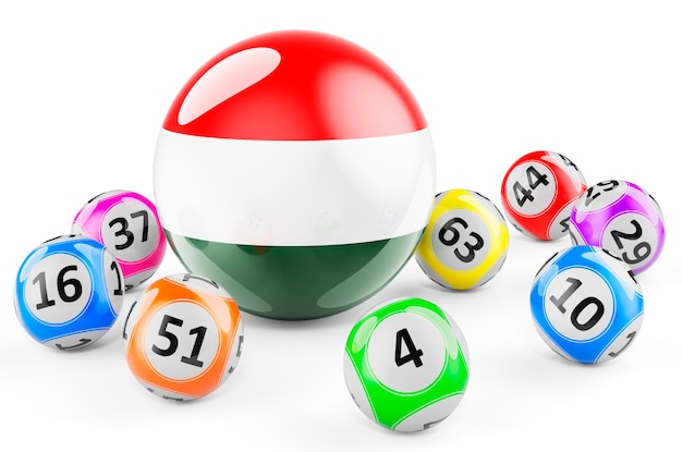 Boules de loto avec drapeau hongrois Loterie en Hongrie rendu 3D concept isolé sur fond blanc