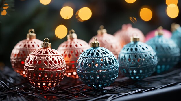 Boules de néon scintillantes ajourées sur arbre de Noël avec éclairage festif