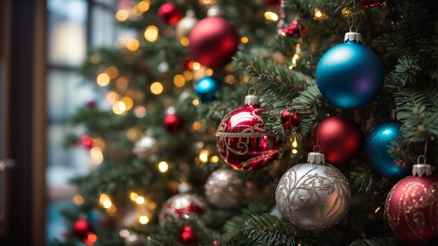 Des boules de Noël sur l'arbre de Noël en gros plan