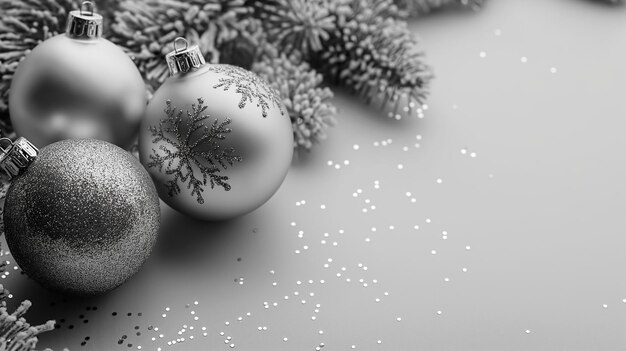 Des boules de Noël en argent avec des dessins de flocons de neige sur un fond de branche de pin enneigée