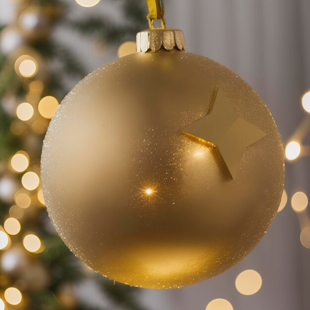 Boules de noël argent et or suspendues avec fond de lumières défocalisées