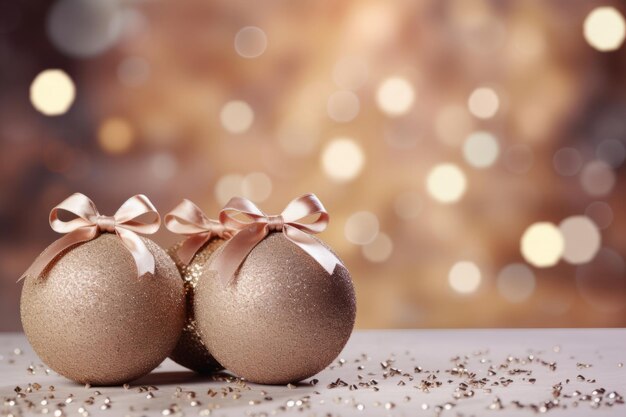 Boules de Noël beige avec des ornements bruns et des nœuds sur un fond de bokeh scintillant Vacances de Noël et concept de décoration festive Illustration d'IA générative