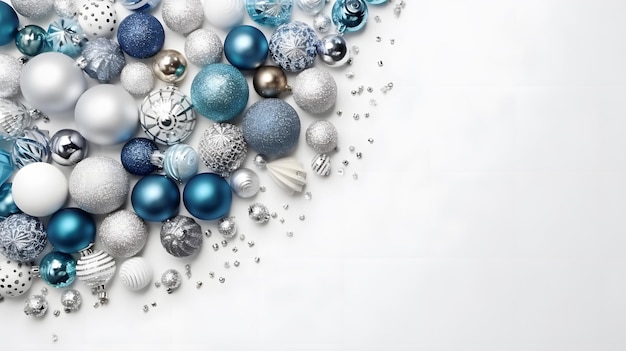 Boules de Noël bleu et blanc sur fond blanc