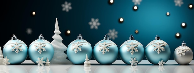 Boules de Noël bleues sur la bannière d'arrière-plan flou