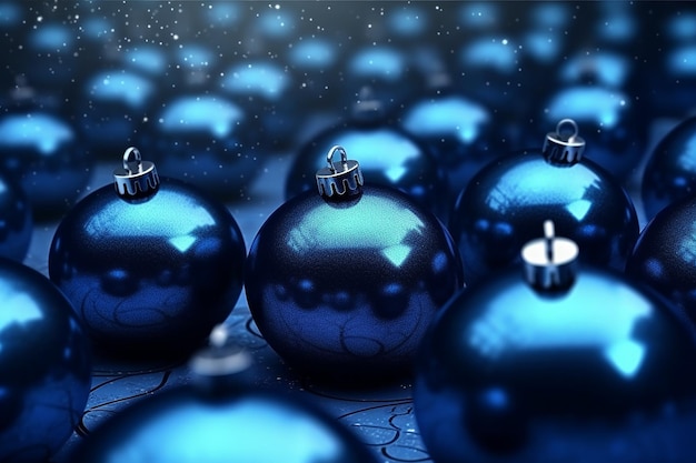Des boules de Noël bleues sur un fond bleu foncé rendu 3D
