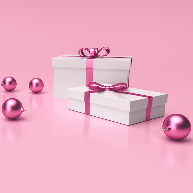 Boules de Noël et cadeaux sur fond de studio rose. pour les cartes de vœux. Rendu 3D