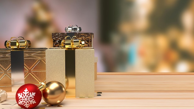 Les boules de Noël et coffret cadeau sur table en bois pour le concept de vacances