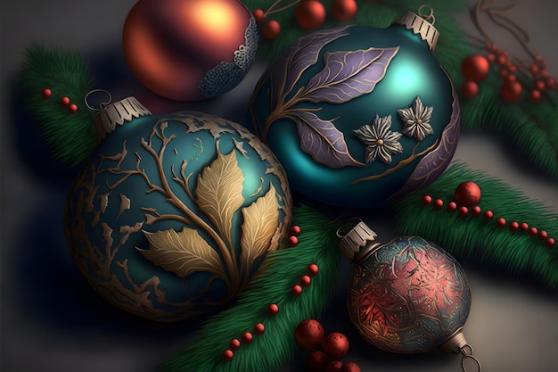Boules de Noël colorées avec des ornements complexes closeup art généré par un réseau de neurones
