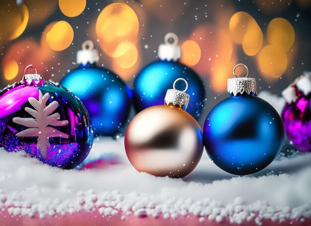 Des boules de Noël ou des décorations sur une neige sur un fond d'hiver brillant