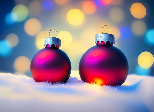 Des boules de Noël ou des décorations sur une neige sur un fond d'hiver brillant