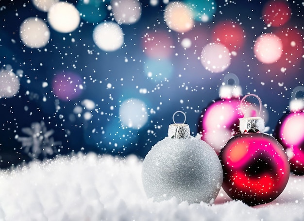 Boules de Noël ou décorations sur une neige sur un fond d'hiver lumineux