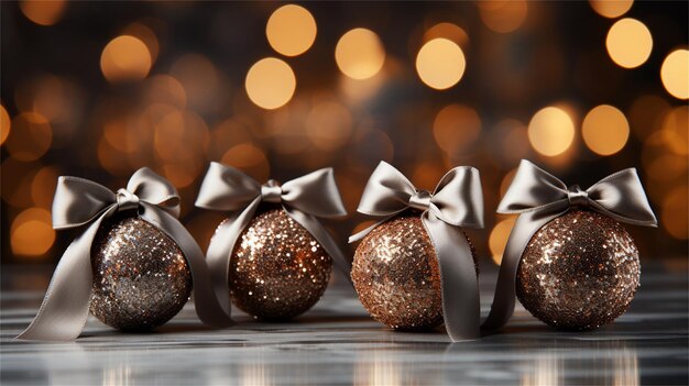 Photo boules de noël dorées avec un arc sur fond bokeh rendu 3d