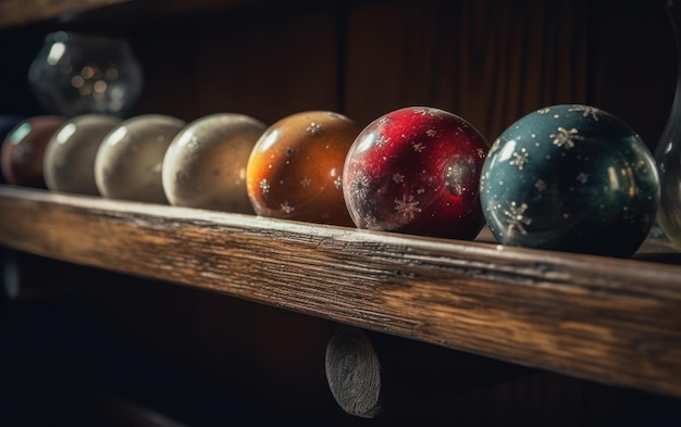 Boules de Noël sur une étagère en bois