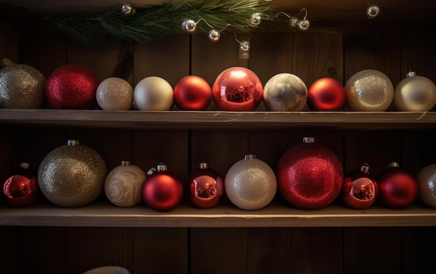 Boules de Noël sur une étagère en bois