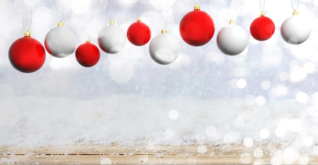 Boules de Noël sur fond de bois avec illustration 3d de l'espace de copie de neige