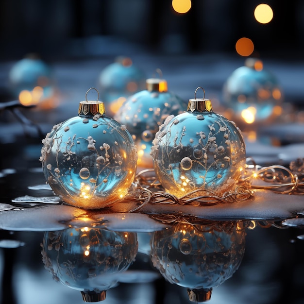 Des boules de Noël sur un fond en bois avec des lumières bokeh