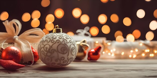 Photo des boules de noël sur un fond de décoration de noël flou