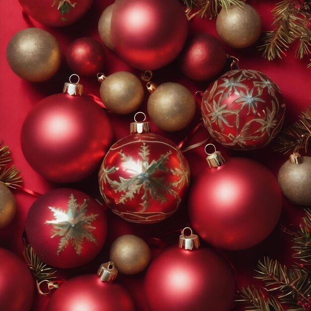 Boules de Noël sur fond plat rouge fond de carte de vacances d'hiver de luxe