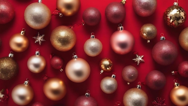 Boules de Noël sur fond plat rouge fond de carte de vacances d'hiver de luxe