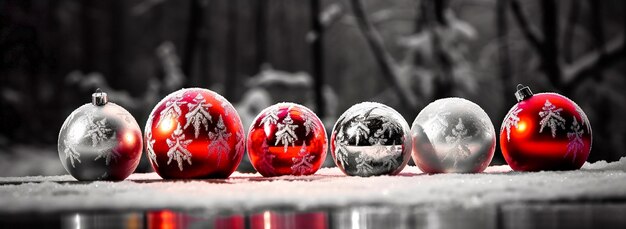 Photo boules de noël grises rouges avec des flocons de neige