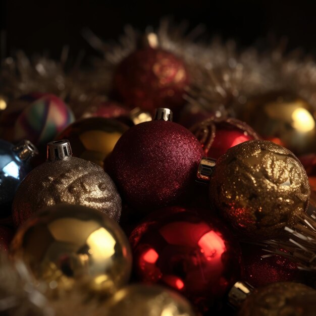 Des boules de Noël en gros plan, des décorations de Noël, une tradition de la nouvelle année.