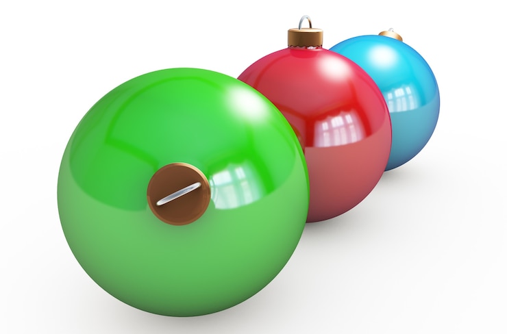 Photo boules de noël multicolores accrochées au blanc. couleurs rvb. rendu 3d avec hdr