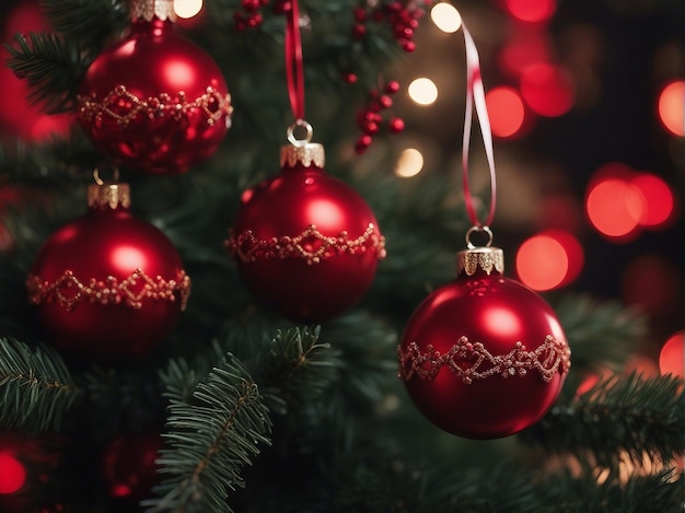 Boules de Noël en porcelaine rouge sur l'arbre de Noël générées par l'IA