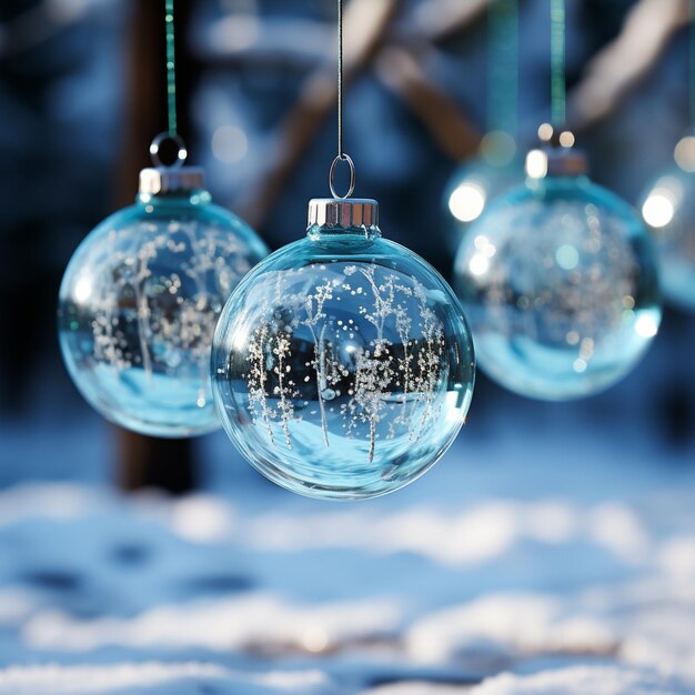 Des boules de Noël réalistes suspendues vides et avec de la neige de haute qualité