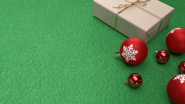 Les boules de Noël rouges et coffret cadeau sur fond vert rendu 3d