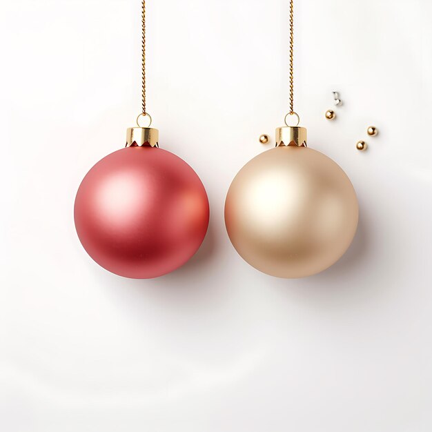 Boules de Noël rouges et dorées sur fond blanc dans le style des éléments minimalistes de vue aérienne