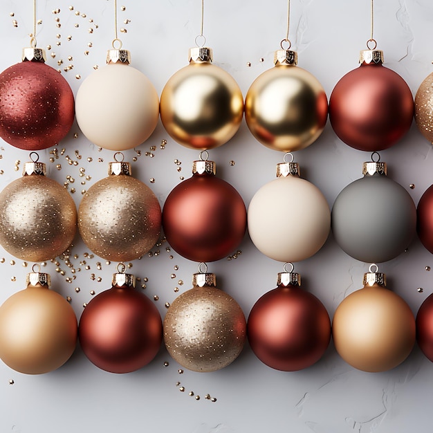 Boules de Noël rouges et dorées sur fond blanc dans le style des éléments minimalistes de vue aérienne