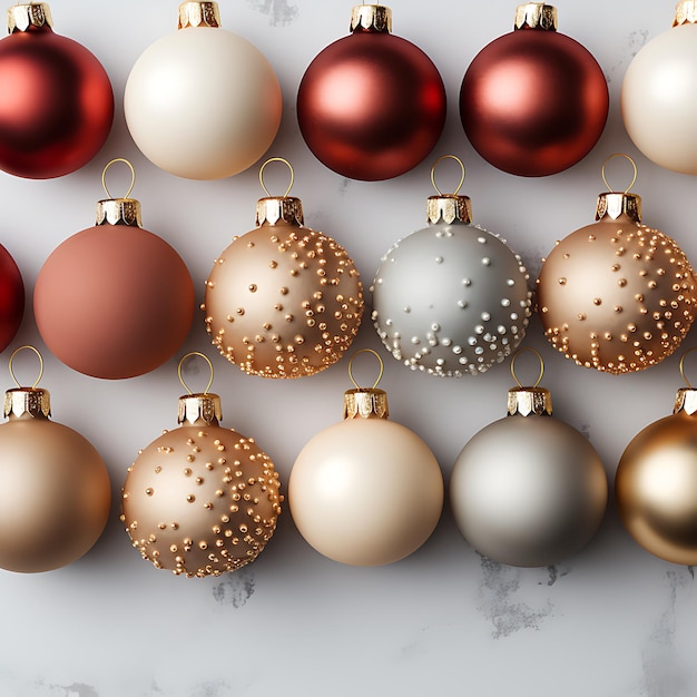 Boules de Noël rouges et dorées sur fond blanc dans le style des éléments minimalistes de vue aérienne