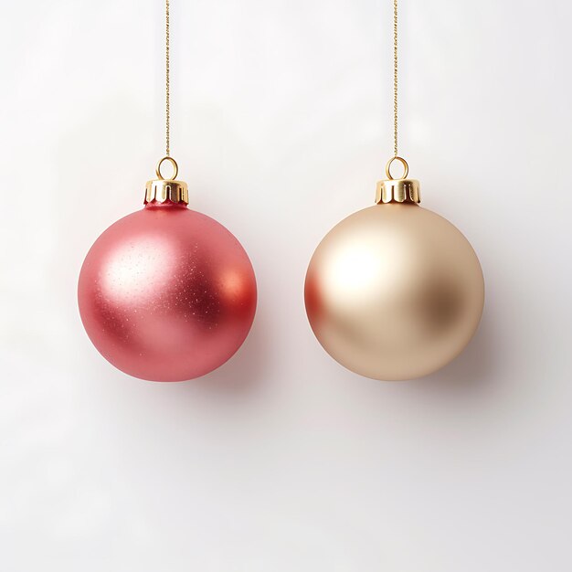 Boules de Noël rouges et dorées sur fond blanc dans le style des éléments minimalistes de vue aérienne