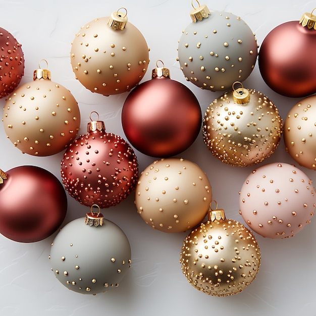 Boules de Noël rouges et dorées sur fond blanc dans le style des éléments minimalistes de vue aérienne