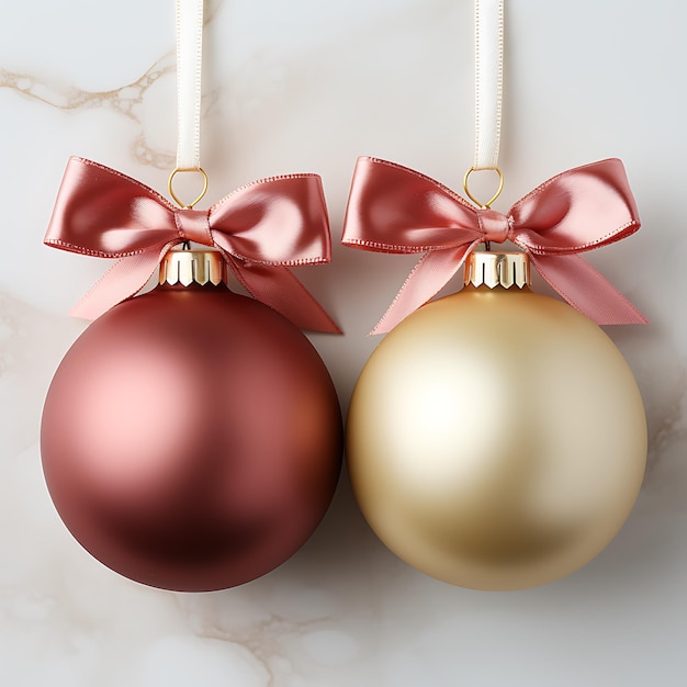 Boules de Noël rouges et dorées sur fond blanc dans le style des éléments minimalistes de vue aérienne